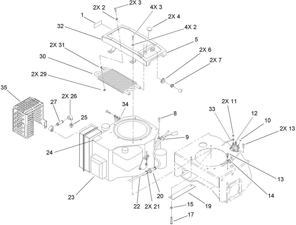 Engine And Oil Cooler Assembly Diagram and Parts List for 30299TE (260000001-260999999)(2006) Toro Lawn Mower