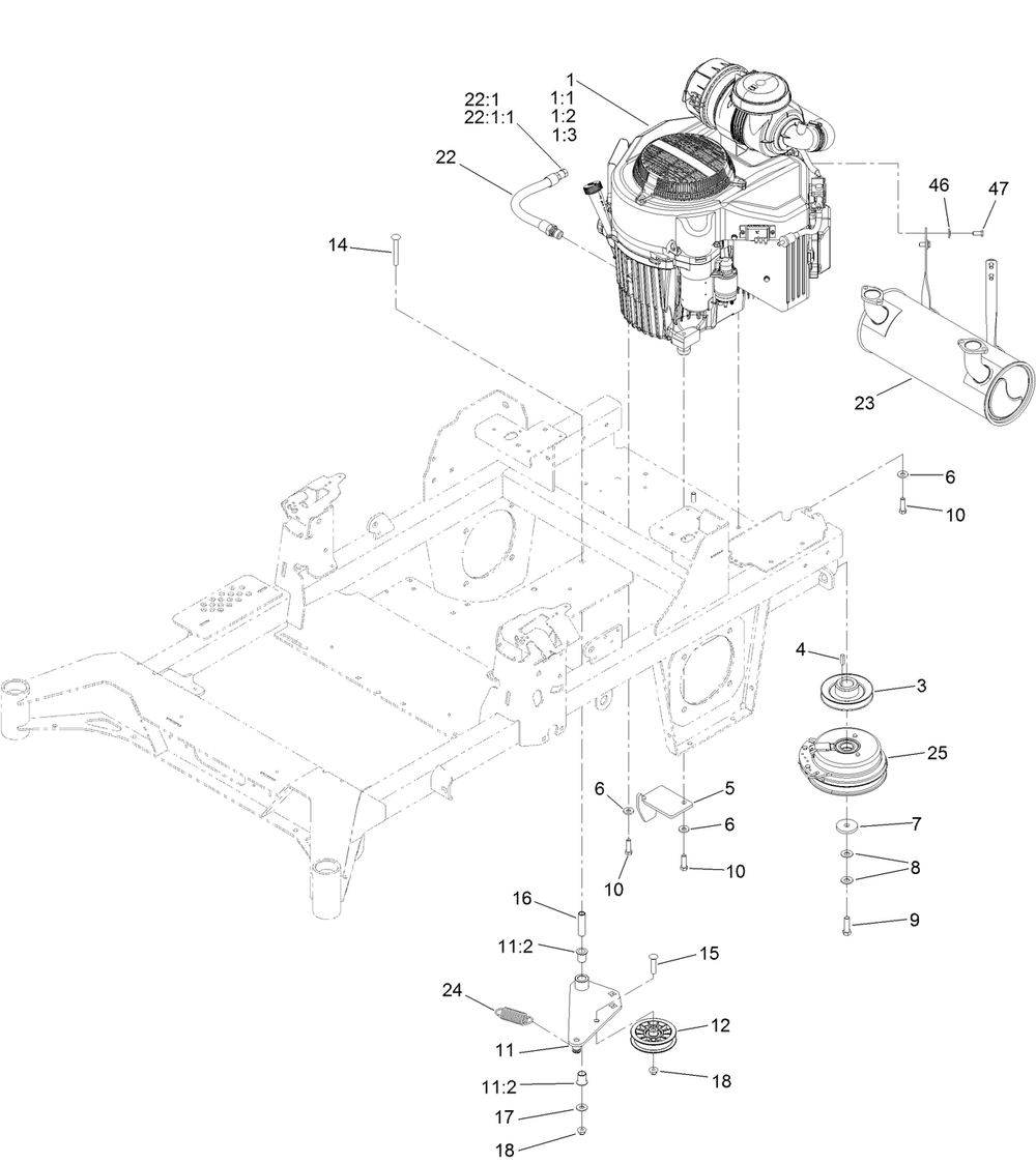 Engine, Clutch And Muffler Assembly Diagram and Parts List for 74055 410147886-411425684 Toro Lawn Tractor