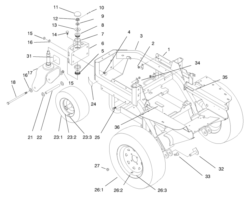 Frame And Wheels Diagram and Parts List for 74182 (890184-891199)(1998) Toro Lawn Tractor