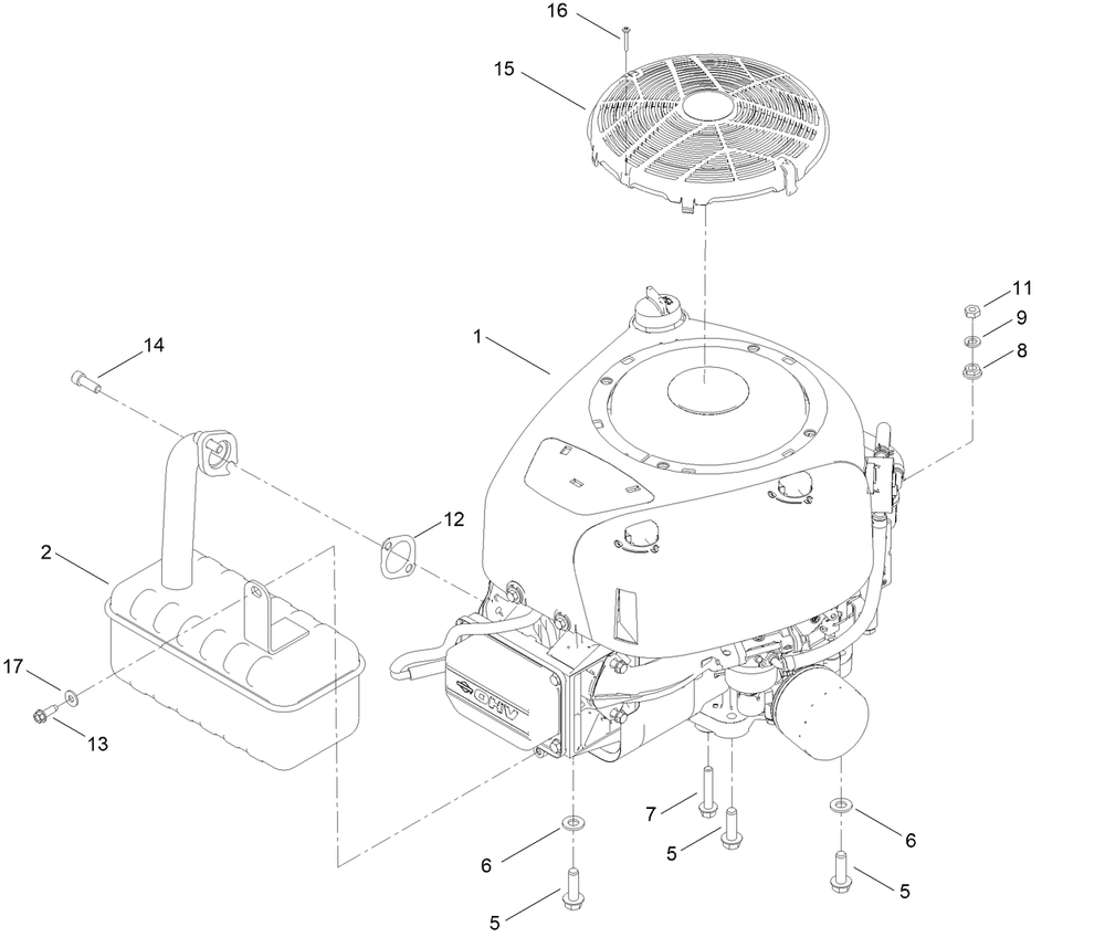 Engine And Muffler Assembly Diagram and Parts List for 75748 400000000 - 412489369 Toro Lawn Tractor