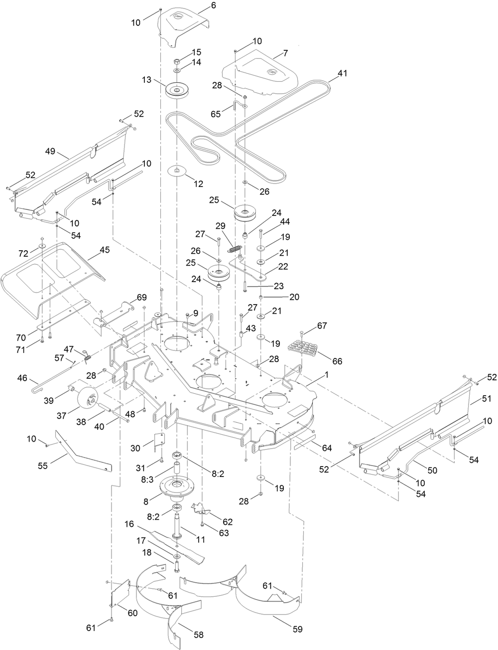 48 Inch Deck Assembly Diagram and Parts List for 74887 409378061 - 411455765 Toro Lawn Tractor