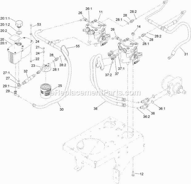 Hydraulic System Assembly Diagram and Parts List for 74574 315000001-315999999 Toro Lawn Mower