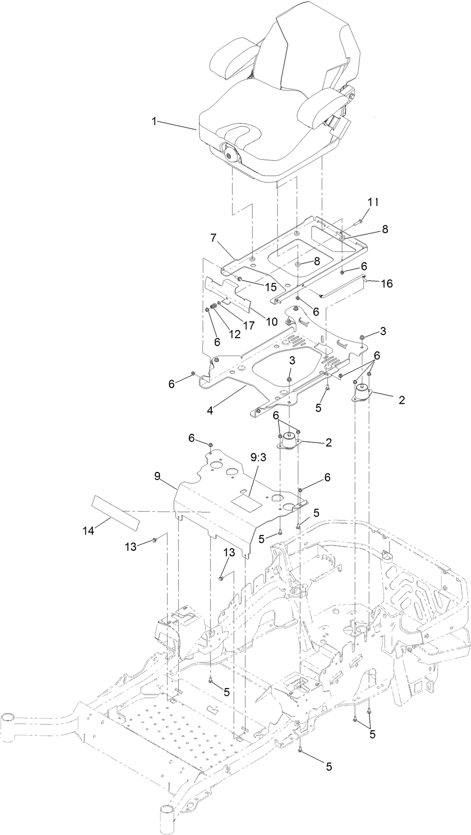 Seat Mounting Assembly Diagram and Parts List for 74945 401800000-403226783 Toro Lawn Tractor