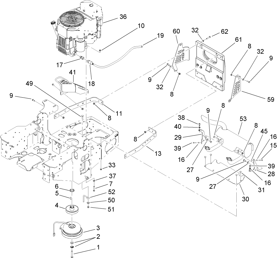 Engine, Clutch And Muffler Assembly Diagram and Parts List for 74416 (260000001-260000300)(2006) Toro Lawn Mower