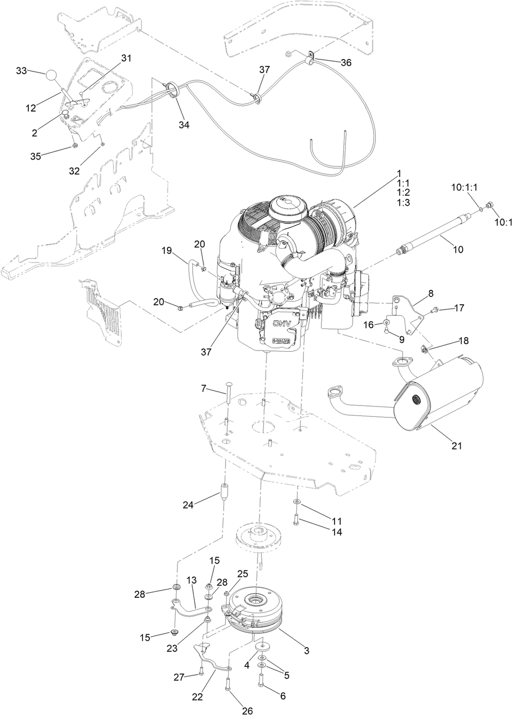 Engine, Clutch And Muffler Assembly Diagram and Parts List for 72965 414086139 - 999999999 Toro Lawn Tractor