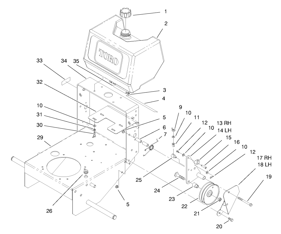 Fuel Tank & Idler Bracket Assembly Diagram and Parts List for 30177 795101 - 799999 Toro Lawn Tractor Accessories