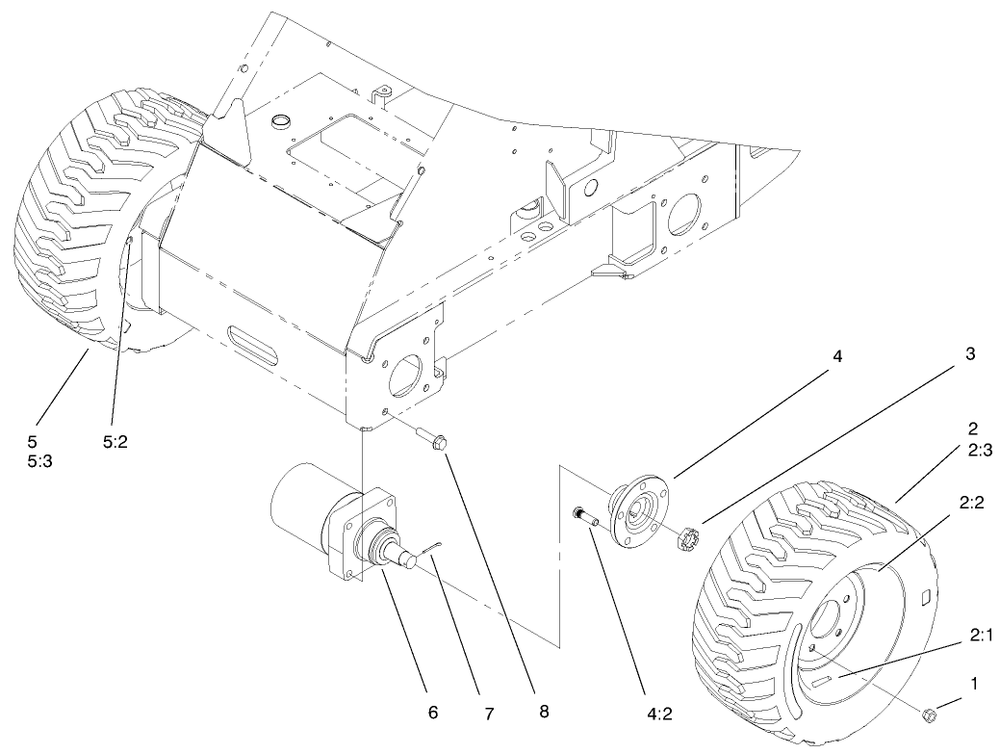 Wheel And Motor Assembly Diagram and Parts List for 22305A 991312 - 991313 Toro Lawn Tractor Accessories