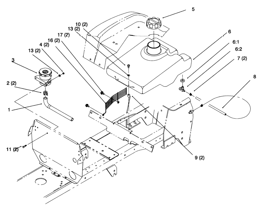 Fuel Tank And Hydro Reservoir Diagram and Parts List for 72043 6900001 - 6999999 Toro Lawn Tractor