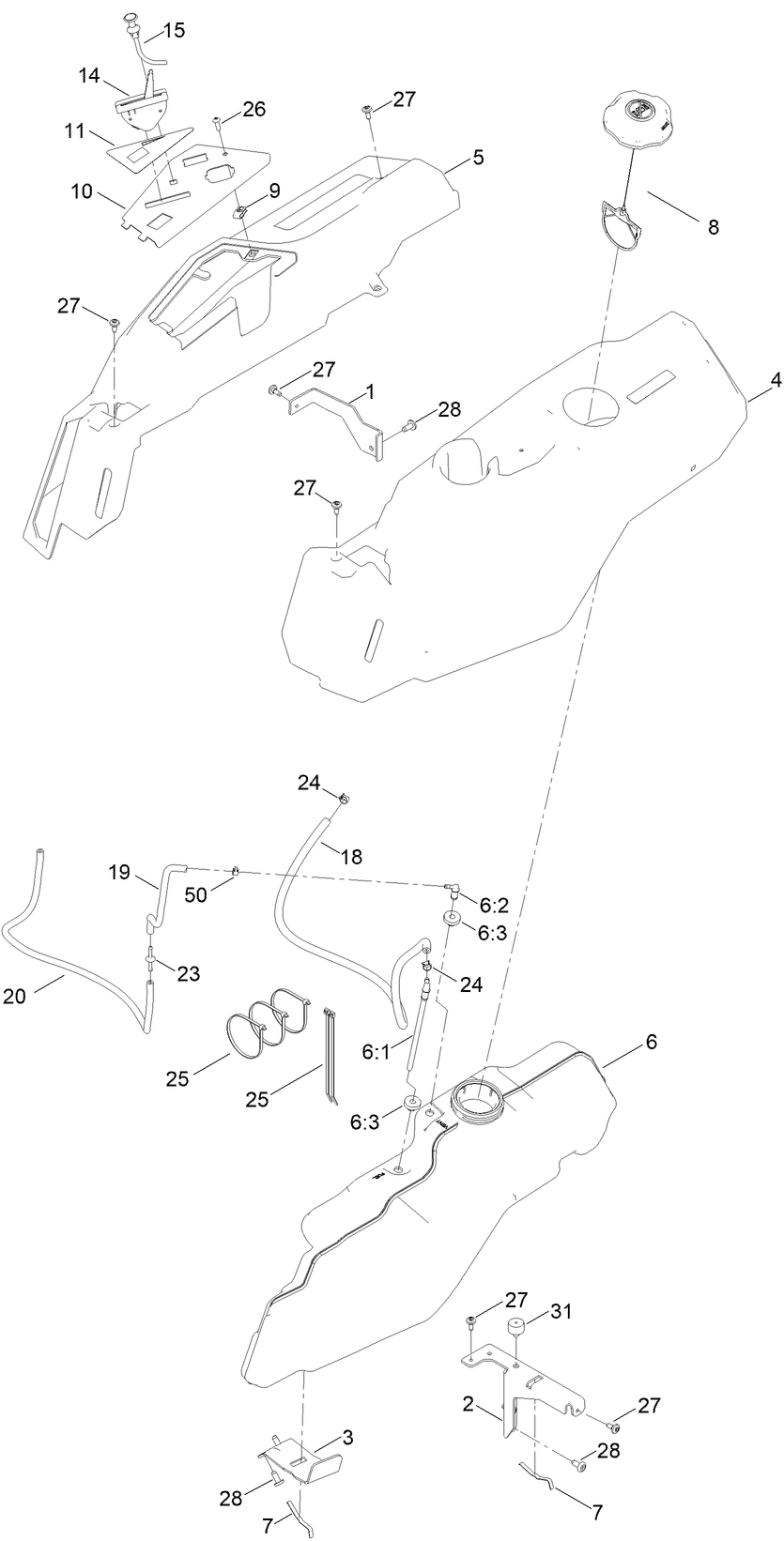 Fuel And Body Styling Assembly Diagram and Parts List for 75746TA 411600000 - 412399999 Toro Lawn Tractor