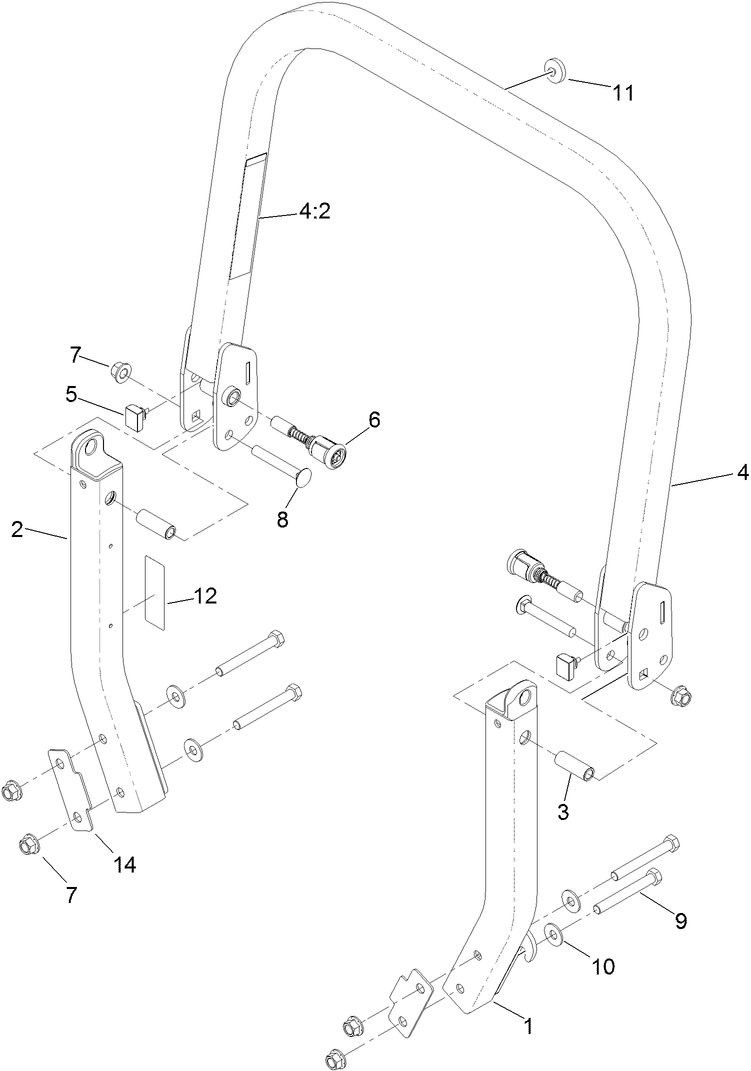 Roll-Over Protection System Assembly Diagram and Parts List for 74938 (313000001-313999999)(2013) Toro Lawn Mower