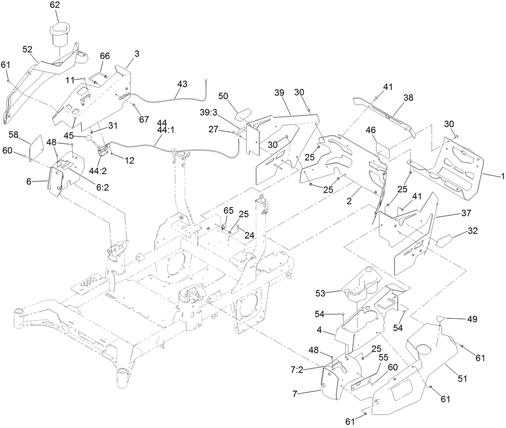 Throttle, Choke Cables And Guard Assembly Diagram and Parts List for 74055 410147886-411425684 Toro Lawn Tractor