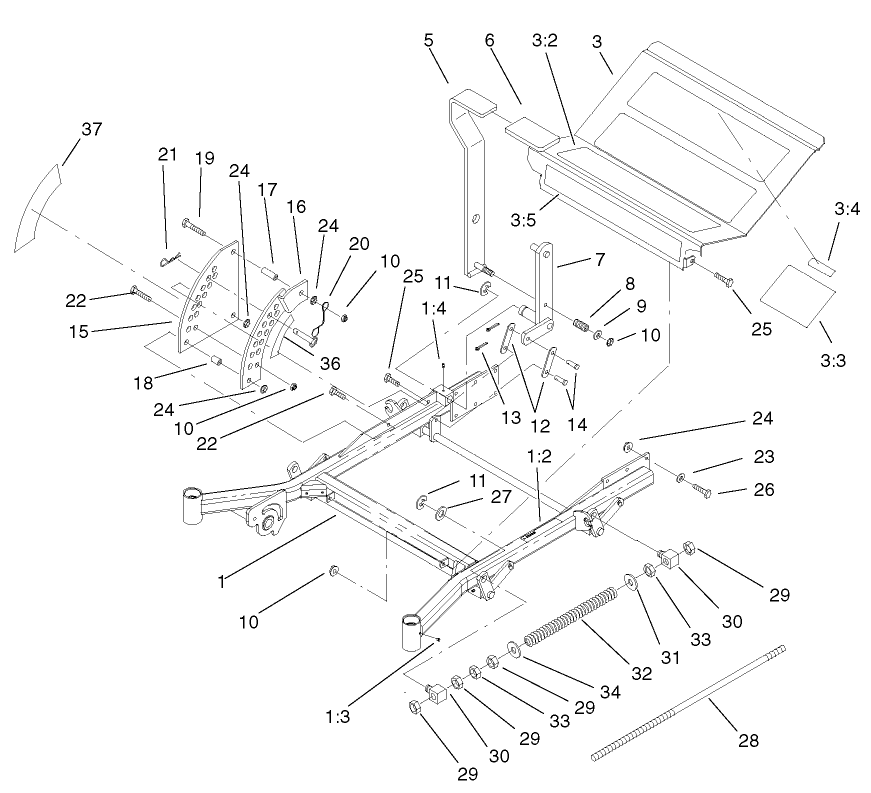 Front Frame Assembly Diagram and Parts List for 74214 (210000001-210999999)(2001) Toro Lawn Mower
