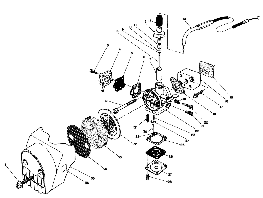 Carburetor & Air Cleaner Assembly Diagram and Parts List for 51643 7000001 - 7999999 Toro Trimmer