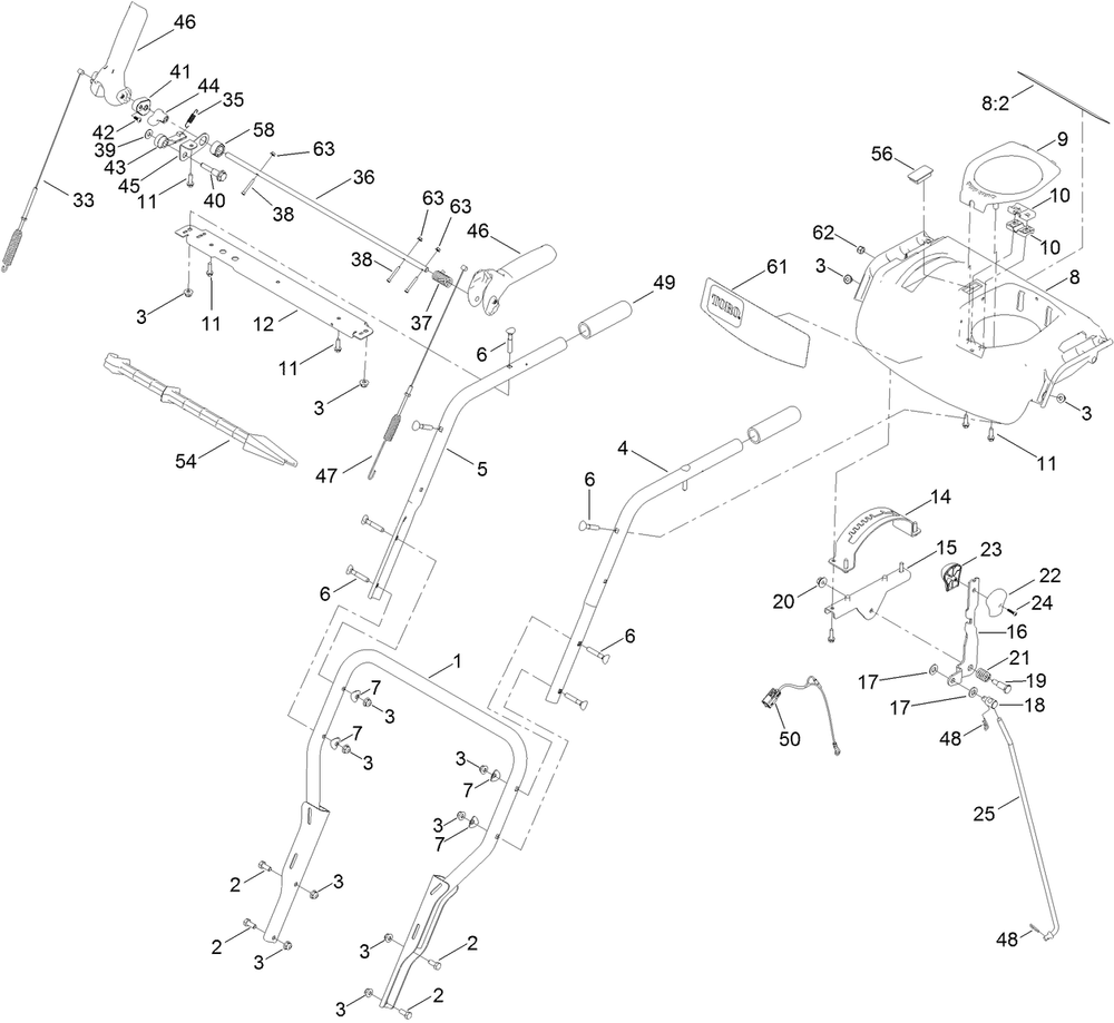 Handle Assembly Diagram and Parts List for 38850 408700000 - 411399999 Toro Snow Blower