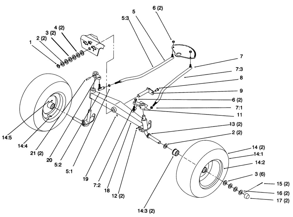 Front Axle Diagram and Parts List for 72043 6900001 - 6999999 Toro Lawn Tractor