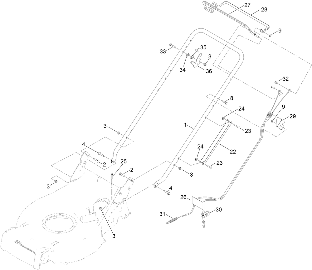Handle And Control Assembly Diagram and Parts List for 22298 412900000 - 999999999 Toro Lawn Mower