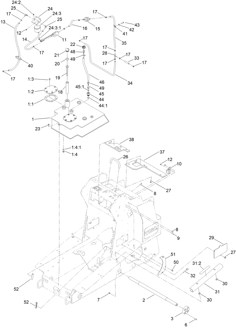 Hydraulic Tank And Track Shaft Assembly Diagram and Parts List for 22327 408000000 - 408833892 Toro Lawn Tractor Accessories