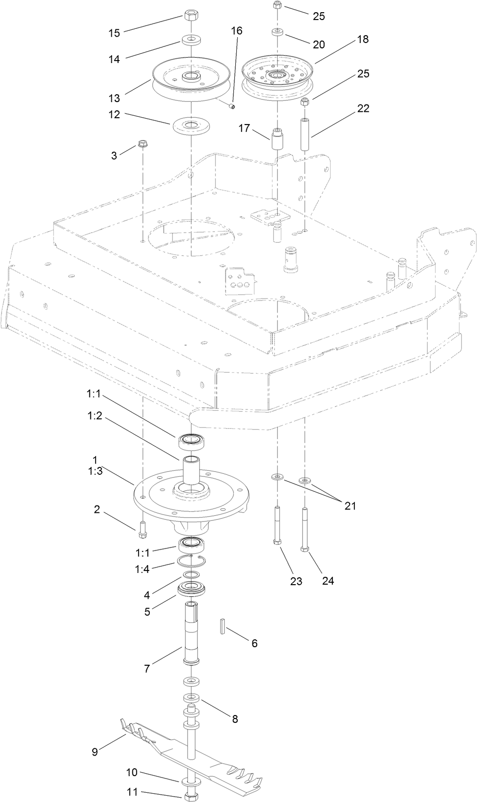 Sheave, Spindle And Blade Assembly Diagram and Parts List for 2710 313000001 - 313999999 Toro Lawn Tractor Accessories