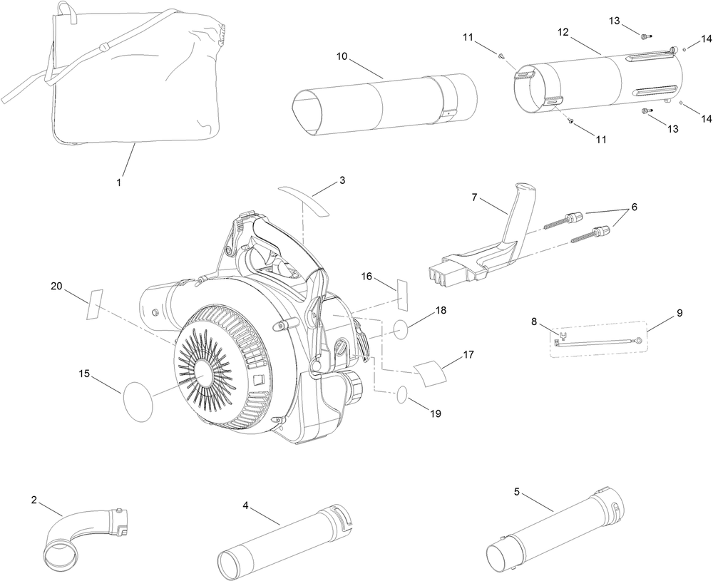Main Blower Assembly Diagram and Parts List for 51984 310000001 - 310999999 Toro Leaf Blower / Vacuum