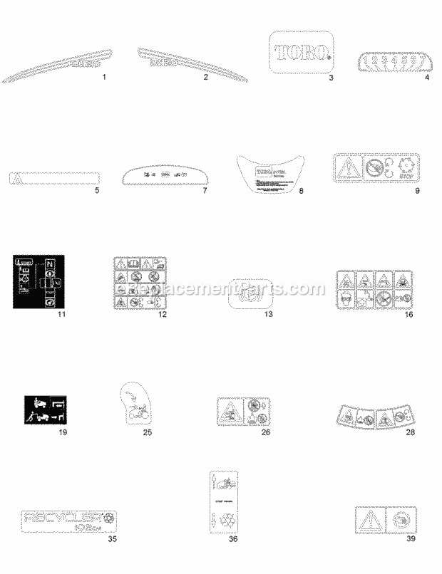 Decal Assembly Diagram and Parts List for 74585 316000001-316999999 Toro Lawn Mower