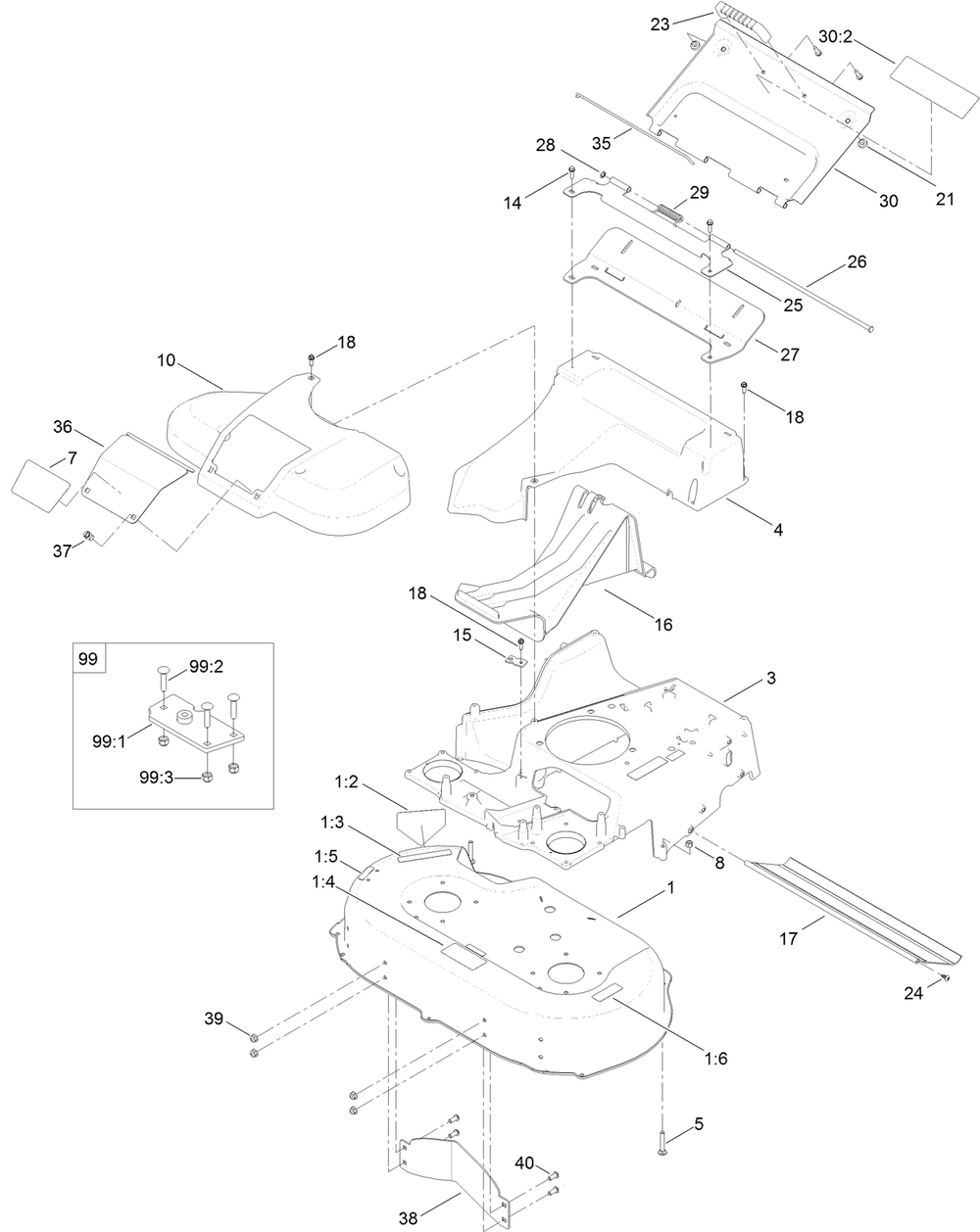 Deck, Frame And Chute Assembly Diagram and Parts List for 22200 (315000001-315999999)(2015) Toro Lawn Mower