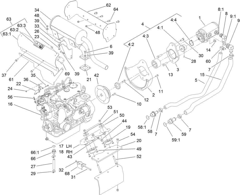 Hydraulic Pump And Filter Assembly Diagram and Parts List for 22323 400000000 - 401799999 Toro Lawn Tractor Accessories