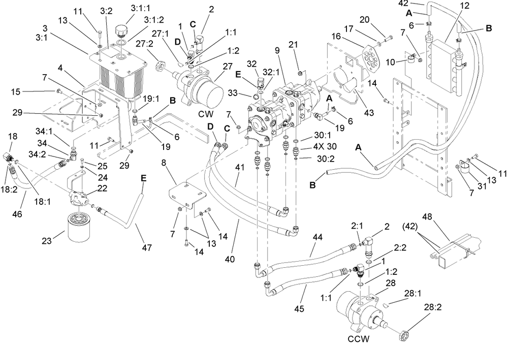 Hydraulic Tank, Motor And Pump Assembly Diagram and Parts List for 74265TE (270000001-270999999)(2007) Toro Lawn Mower