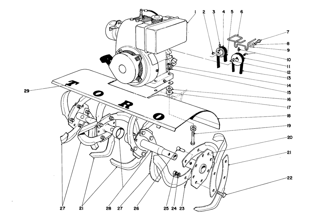 Tine And Engine Assembly Diagram and Parts List for 58000 0000001 - 0999999 Toro Tiller