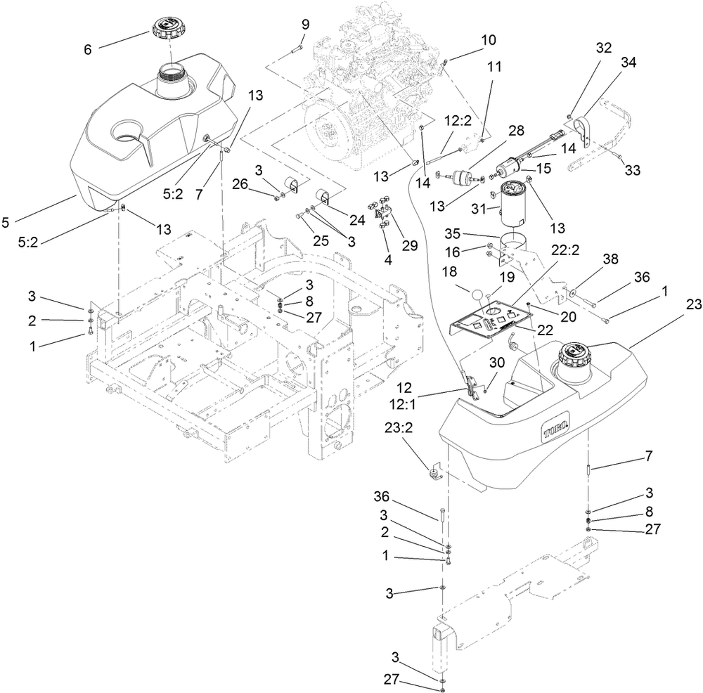 Fuel System And Throttle Control Assembly Diagram and Parts List for 74264TE (314000001-314999999)(2014) Toro Lawn Mower