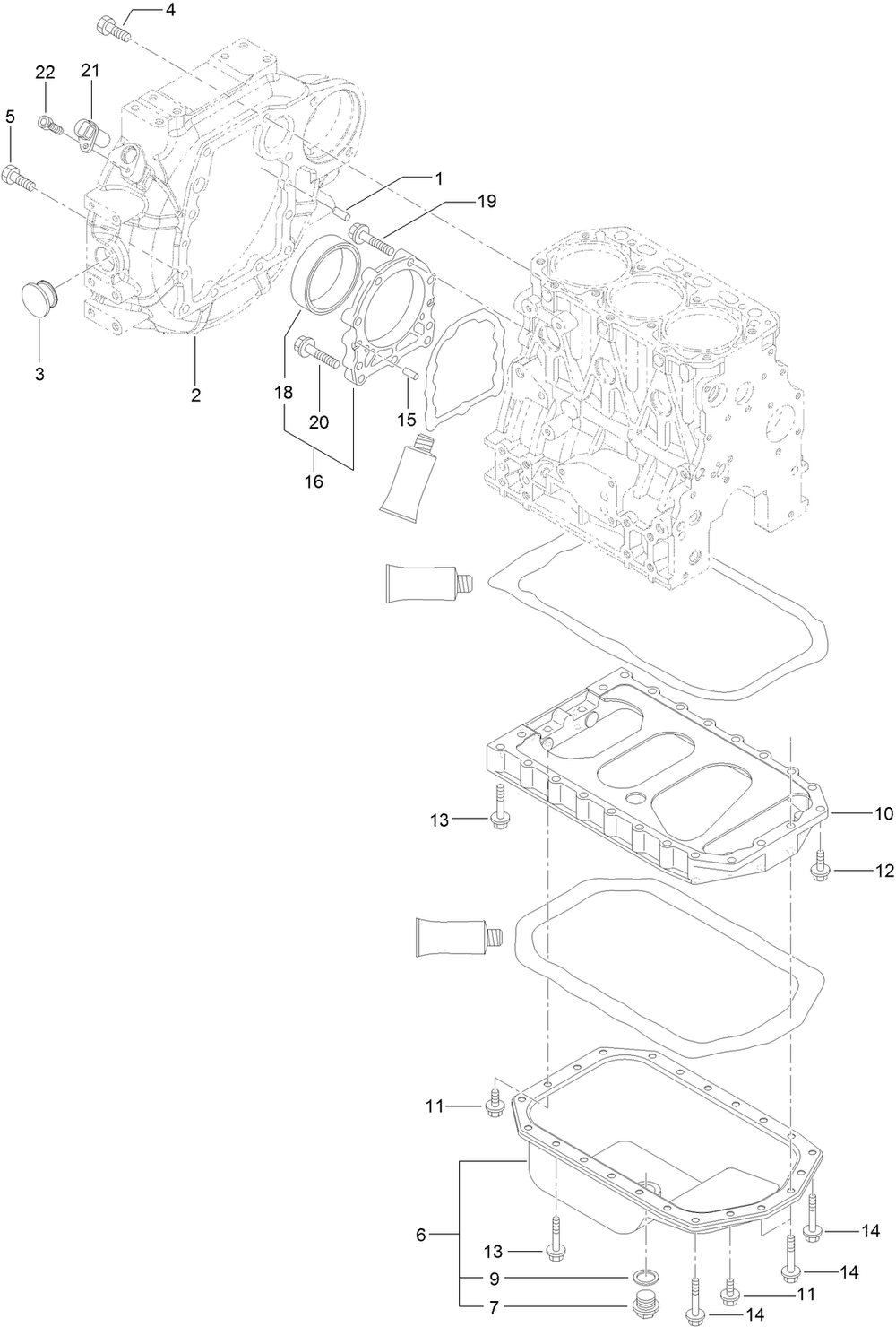 Flywheel Housing And Oil Sump Assembly Diagram and Parts List for 25403 400000000 - 401399999 Toro Lawn Tractor Accessories