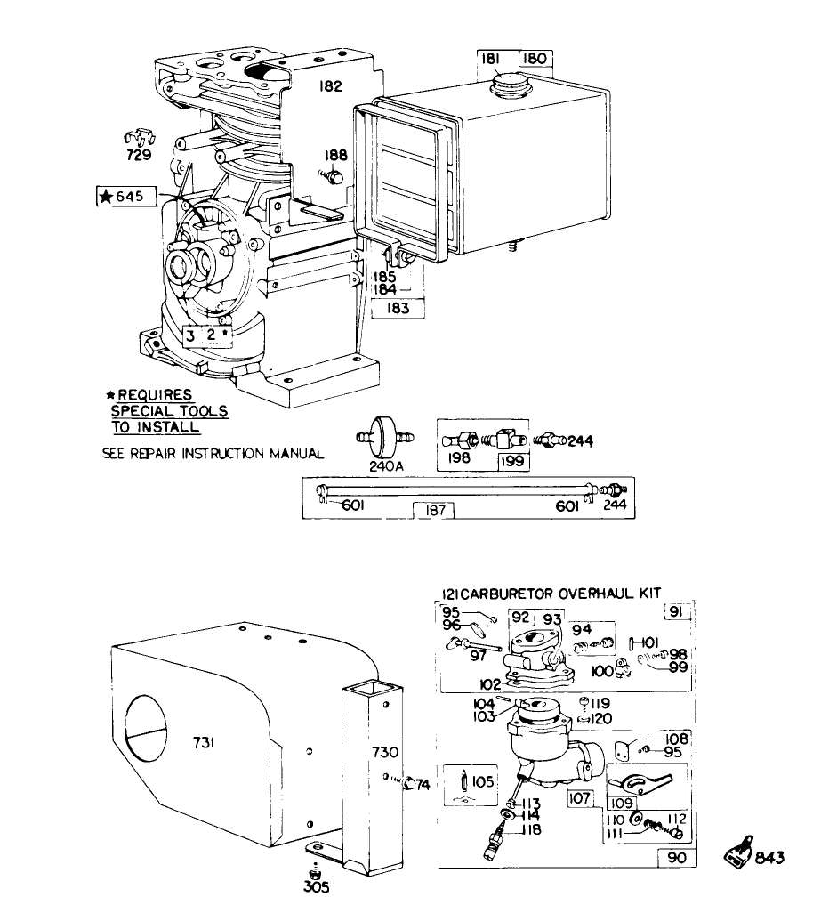 Engine Briggs & Stratton Model 190402 Type 0989-01 Diagram and Parts List for 38150 3000001 - 3999999 Toro Snow Blower