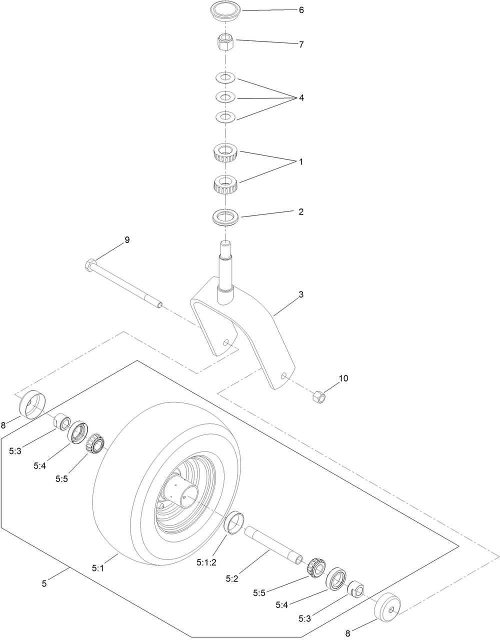 Caster Fork And Wheel Assembly Diagram and Parts List for 74142TE (316000001-316999999)(2016) Toro Lawn Mower