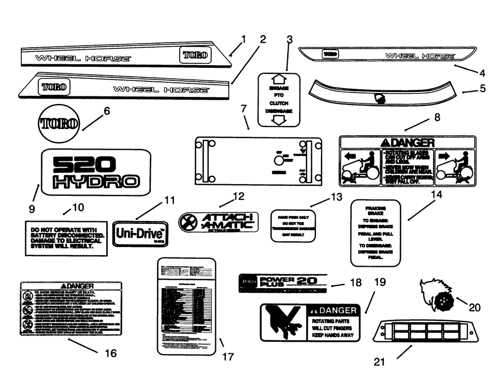 Decals Diagram and Parts List for 73520 5900178 - 5999999 Toro Lawn Tractor