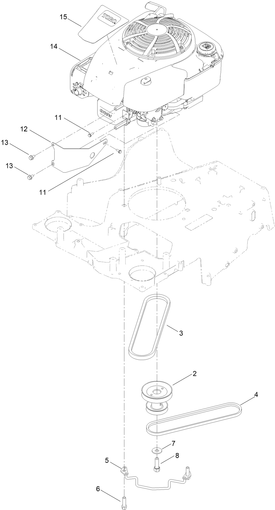 Engine And Belt Assembly Diagram and Parts List for 21199 410243167 - 411509999 Toro Lawn Mower