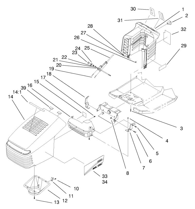 Hood Assembly Diagram and Parts List for 71201 8900001 - 8999999 Toro Lawn Tractor