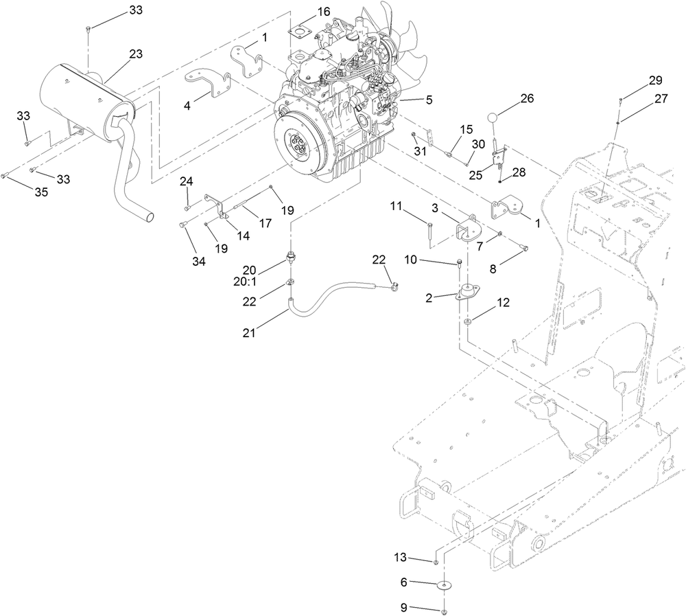 Engine Mount And Muffler Assembly Diagram and Parts List for 22327HD 401900000 - 401999999 Toro Lawn Tractor Accessories