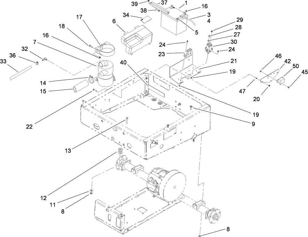 Drivetrain Mounting, Battery And Air Cleaner Assembly Diagram and Parts List for 12004TC 280000001 - 280999999 Toro Lawn Tractor