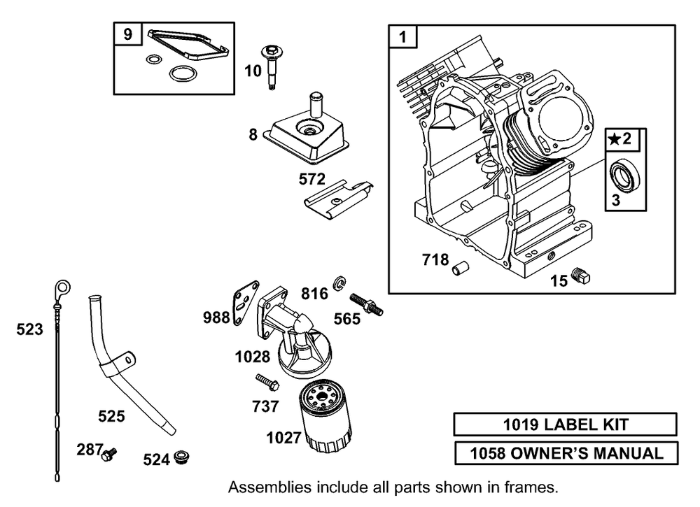 Cylinder, Oil Filter And Dipstick Assembly  Briggs And Stratton 303447-1319-E1 Diagram and Parts List for 12004 230000001 - 230999999 Toro Lawn Tractor