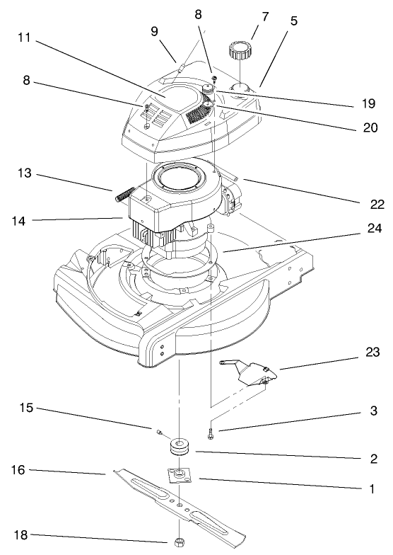 Engine & Blade Assembly Diagram and Parts List for 20710 7000001 - 7999999 Toro Lawn Mower