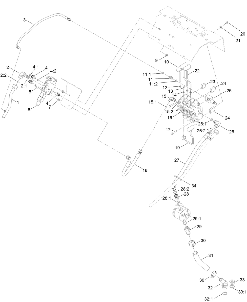 Auxiliary Hydraulic Valve Assembly Diagram and Parts List for 22218 407600000 - 411799999 Toro Lawn Tractor Accessories