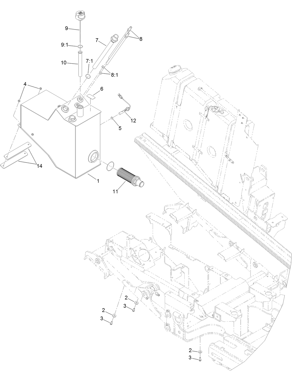 Hydraulic Fuel Tank And Fitting Assembly Diagram and Parts List for 23803 400000000 - 999999999 Toro Lawn Tractor Accessories