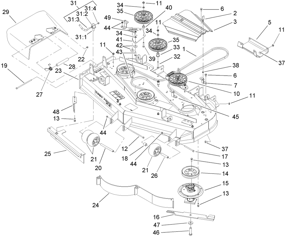 Deck Assembly Diagram and Parts List for 74416TE (250005001-250999999)(2005) Toro Lawn Mower