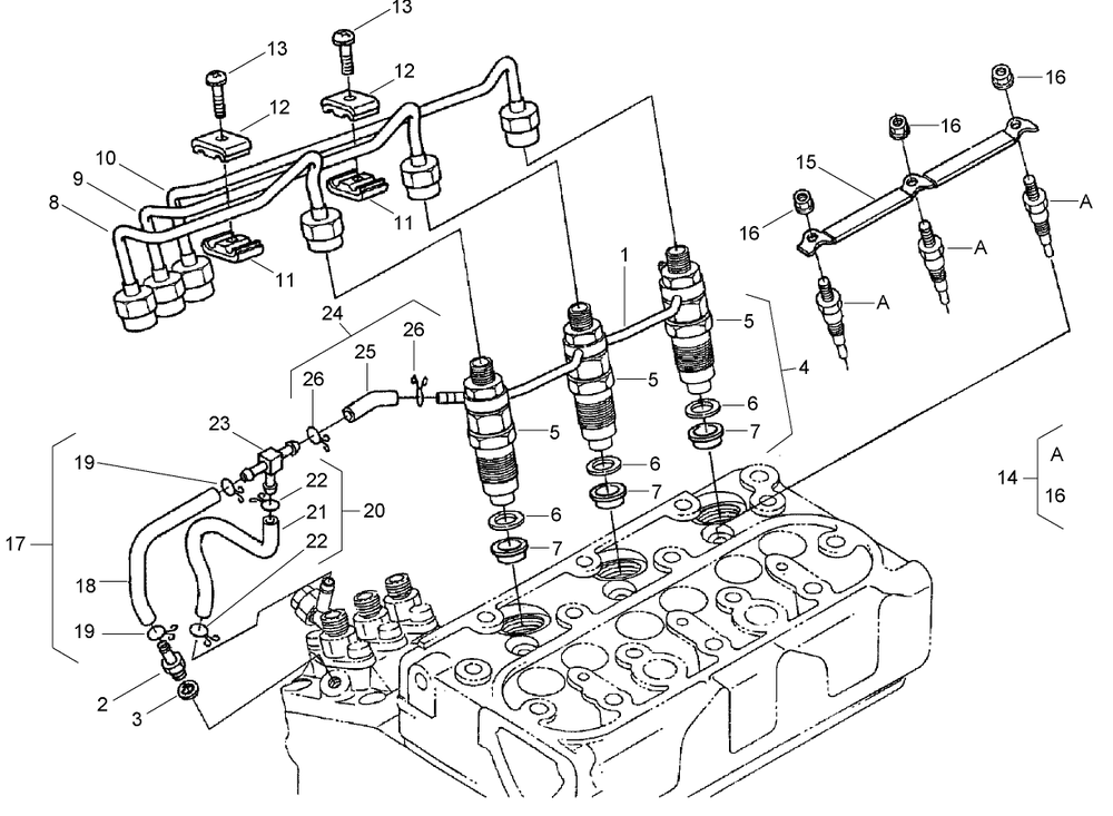 Nozzle Holder And Glow Plug Assembly Diagram and Parts List for 74265TE (270000001-270999999)(2007) Toro Lawn Mower