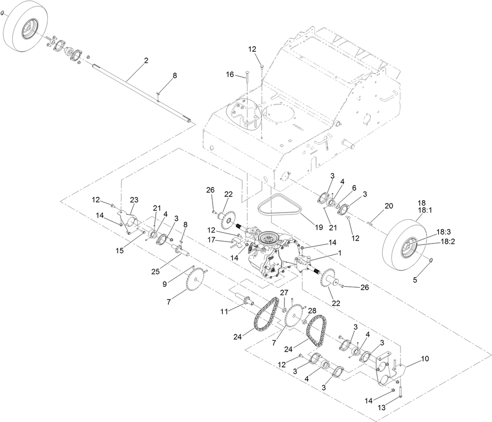 Transaxle Drive Assembly Diagram and Parts List for 33515 406000000 - 999999999 Toro Aerator