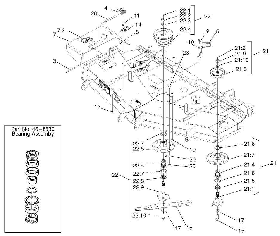 Spindle And Pulley Assembly Diagram and Parts List for 74213 (210000001-210999999)(2001) Toro Lawn Mower
