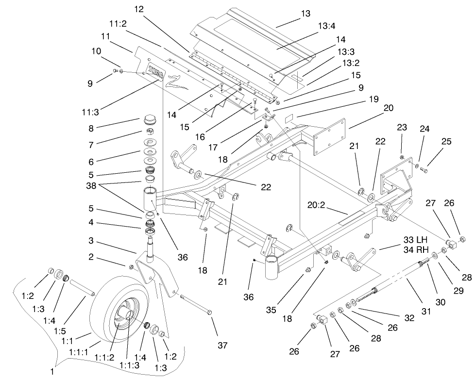 Front Frame Assembly Diagram and Parts List for 74173 (990001-999999)(1999) Toro Lawn Mower