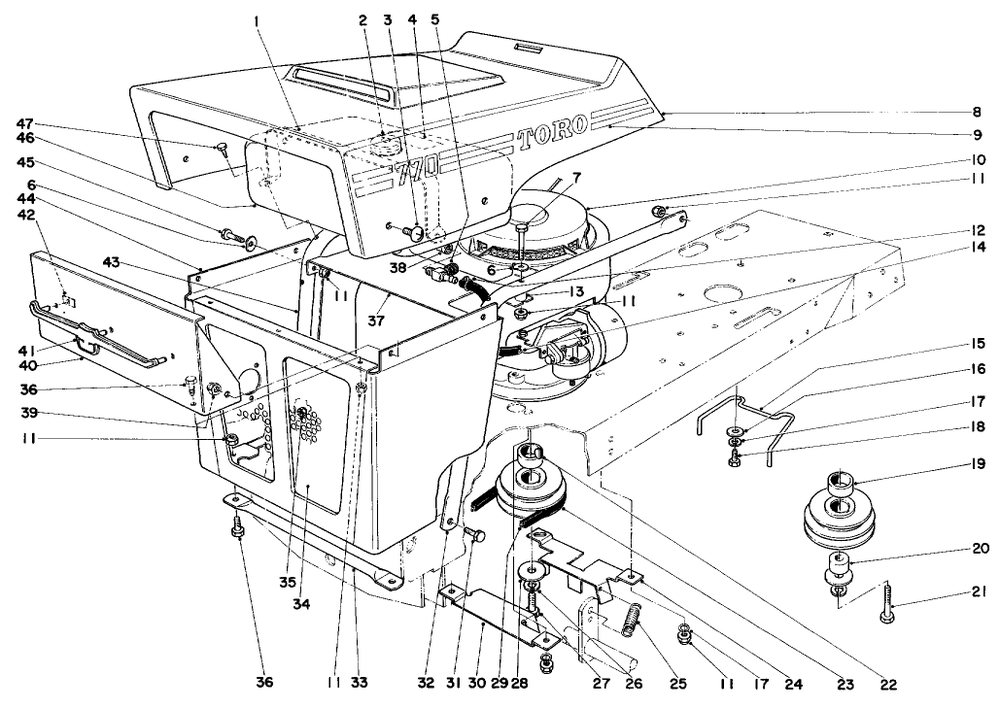 Hood And Engine Assembly Diagram and Parts List for 57111 1000001 - 1999999 Toro Lawn Tractor
