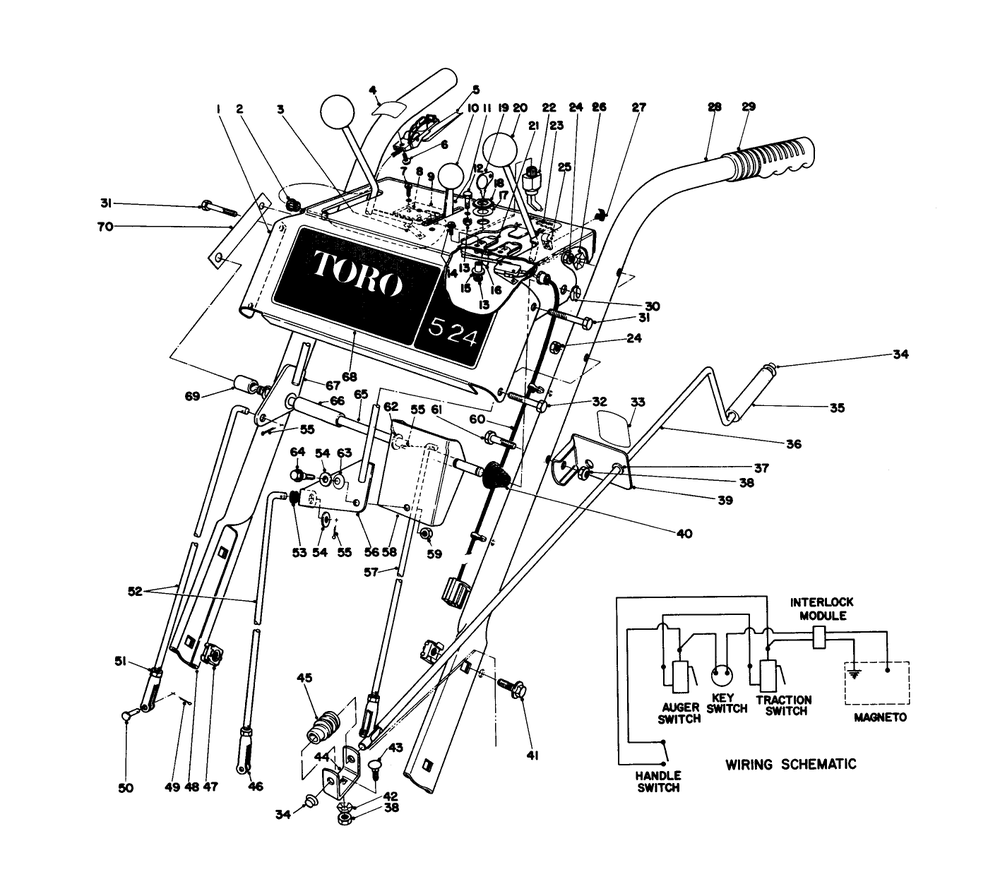 Handle Assembly Diagram and Parts List for 38050 5000001 - 5999999 Toro Snow Blower