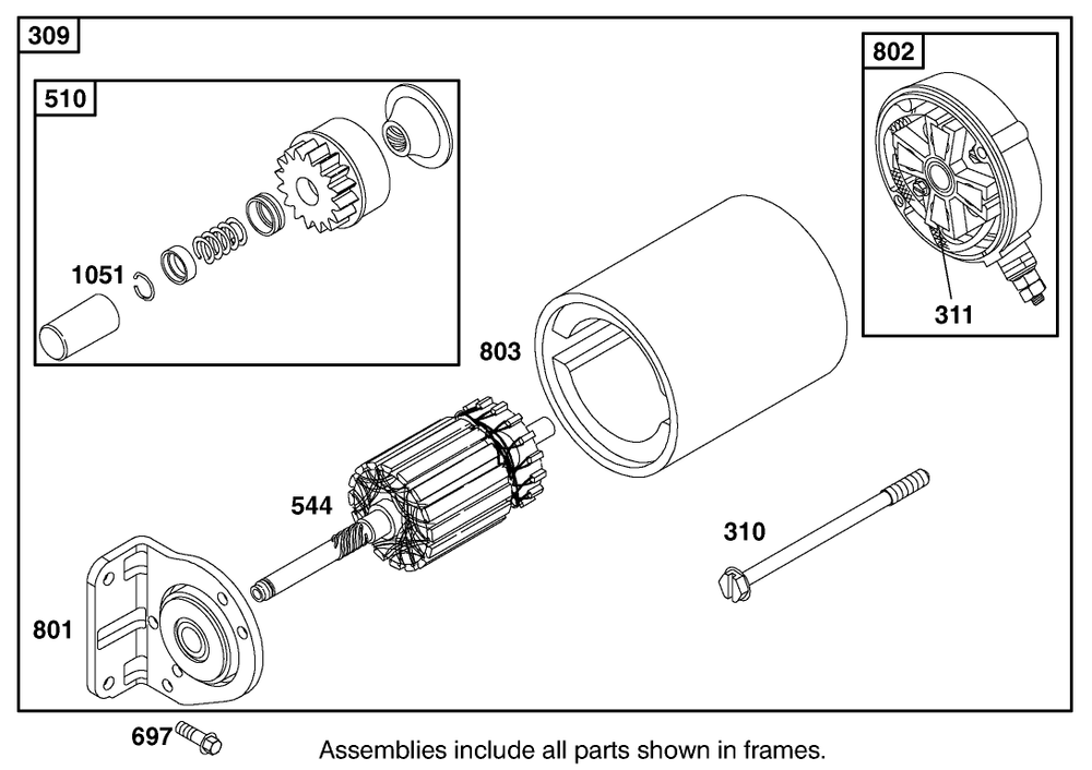 Starter Motor Assembly Diagram and Parts List for 12003 220000001 - 220999999 Toro Lawn Tractor