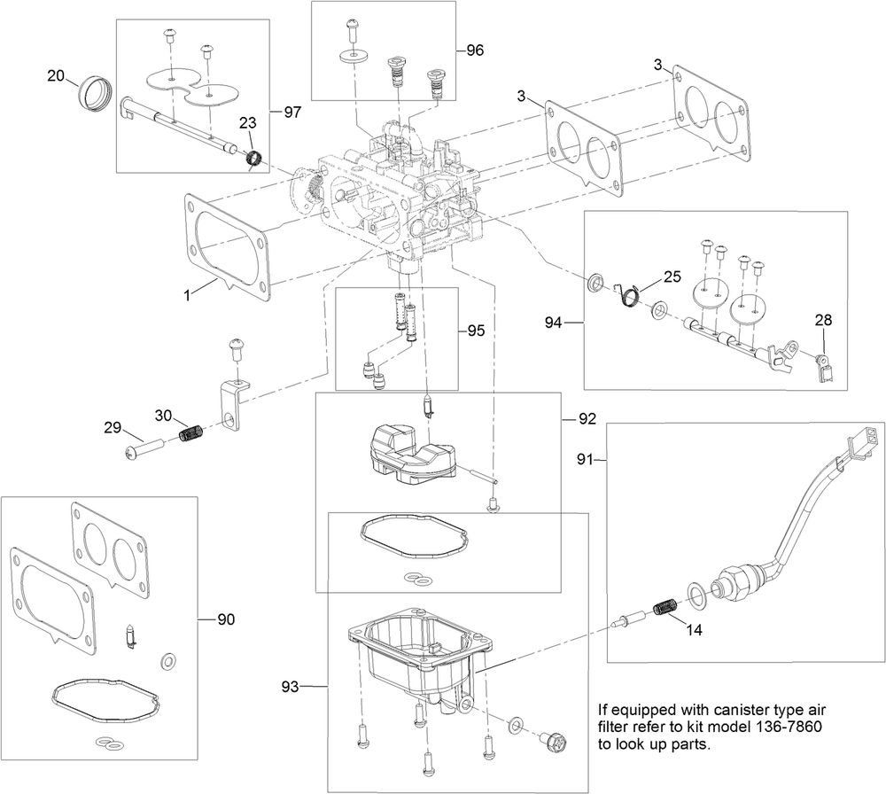 Carburetor Assembly  With Non-Canister Style Air Filter Diagram and Parts List for 74450 400000000-402099999 Toro Lawn Tractor